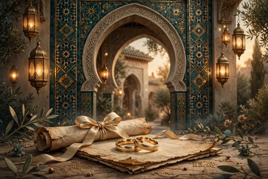 قوس مغربي مزخرف بالزليج وخاتما زواج على وثيقة — شروط الزواج في المغرب